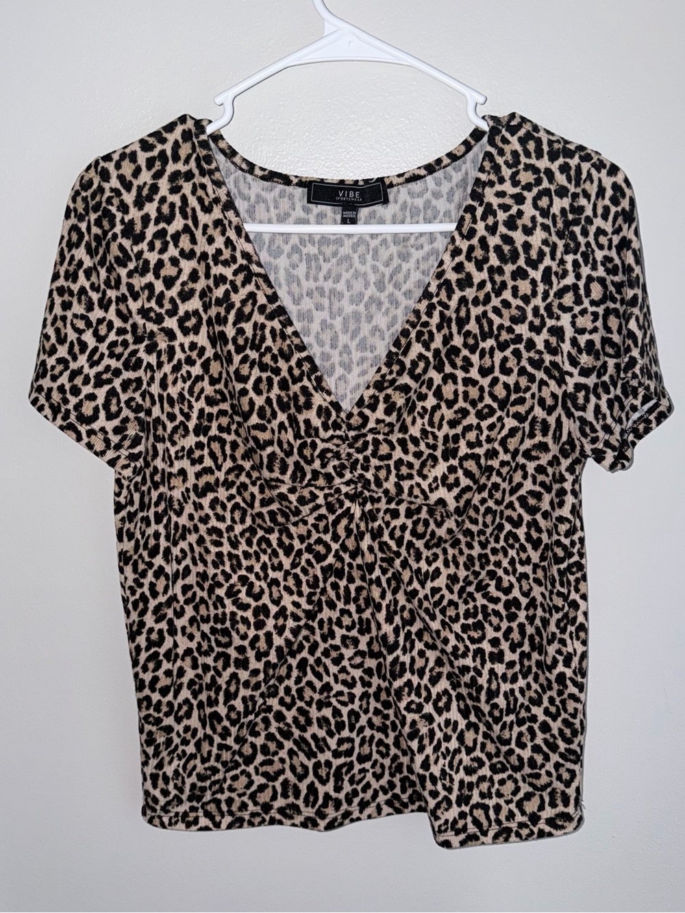 Vibe Leopard Print V-Neck Short Sleeve Top - Beige and Black